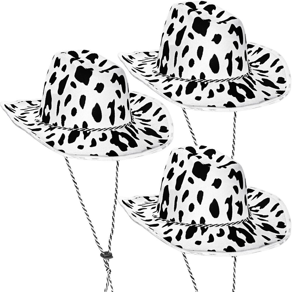 4644 3 Pieces Cow Print Cowboy Hat Black White Unisex Cowboy Hat